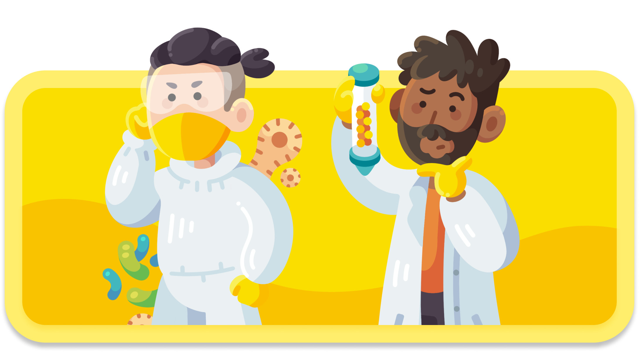 Two cartoon scientists: one in a hazmat suit with a yellow mask, the other in a lab coat holding a flask. Bright yellow background with abstract shapes.