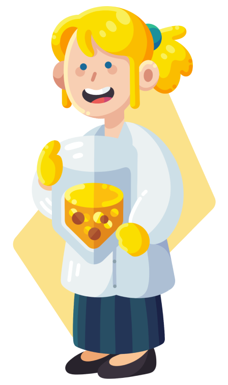 Cartoon character with blonde hair holding a large block of cheese.