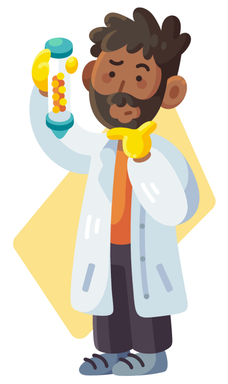 Illustration of a scientist in a lab coat, holding a test tube with colored balls, wearing gloves, and thinking thoughtfully.