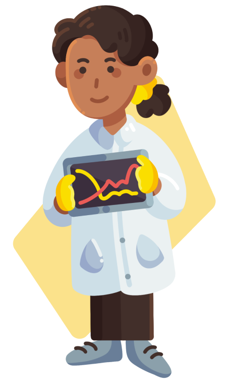 A cartoon person in a lab coat holds a tablet displaying colorful graphs and charts.