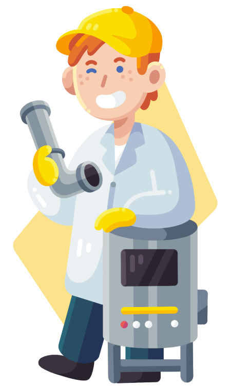 Illustration of a smiling character in a lab coat and yellow hat holding a pipe, standing next to a machine.