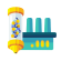 Illustration of a DNA strand inside a test tube next to a factory-like structure, symbolizing biotechnology or genetic engineering.