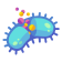 Illustration of a blue, spiky bacterium splitting into two, with colorful particles surrounding it, representing binary fission.