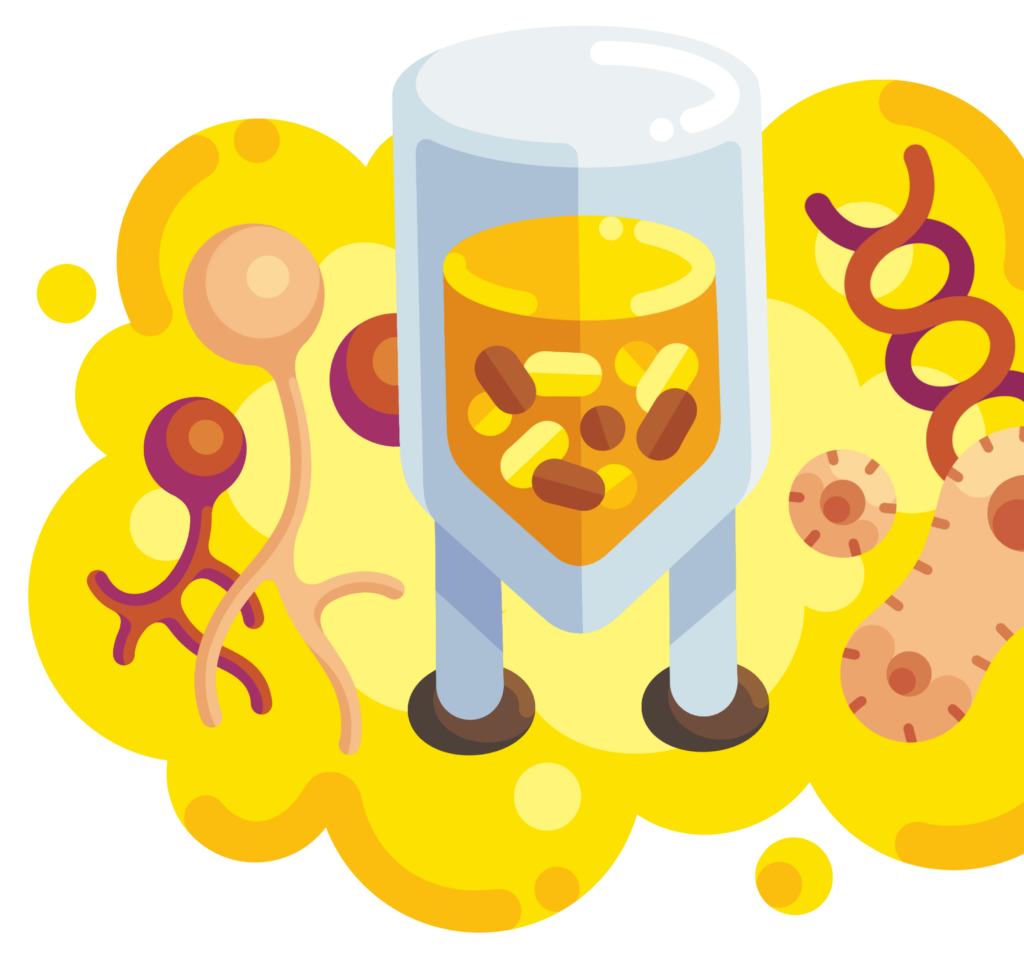 Illustration showing a large container of yellow liquid and capsules surrounded by various abstract, colorful microorganism shapes on a yellow background.