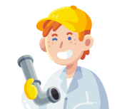 Illustration of a person in a yellow cap and gloves holding a metallic pipe, wearing a white shirt, and smiling.