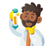 Cartoon scientist with a beard holding a test tube containing small yellow and orange spheres, wearing a white lab coat, yellow gloves, and an orange tie.