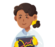 Illustration of a person in a lab coat and gloves holding a tablet displaying a graph with a red upward trend line.