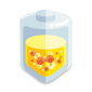 Illustration of a transparent container with yellow liquid and floating red particles, resembling cells or microbes inside.