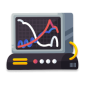 Illustration of a monitor displaying fluctuating line graphs in red, blue, and white on a grid background.