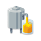 Gray metal tank with a spout pouring orange liquid into a transparent measuring cup.