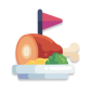 Illustration of a ham with a bone on a plate, garnished with greens and a red and purple flag on top.