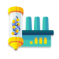 Illustration of a colorful laboratory device with a transparent tube containing spheres and three teal cylindrical components beside it.