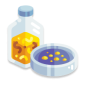 Illustration of a bottle with liquid next to a petri dish containing yellow colonies.