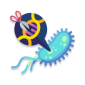 Illustration of a stylized blue bacterium being modified with genetic editing scissors.