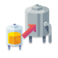 Illustration of a small container with liquid and a larger cylindrical tank connected by a red arrow, indicating fluid transfer.