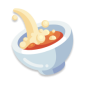 Cartoon depiction of soup in a white bowl, with liquid being poured in, creating bubbles.