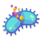 Illustration of a blue bacterium splitting into two, with colorful particles in the background.