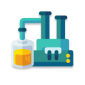 Illustration of an industrial machine with two vertical pipes and a container holding yellow liquid.